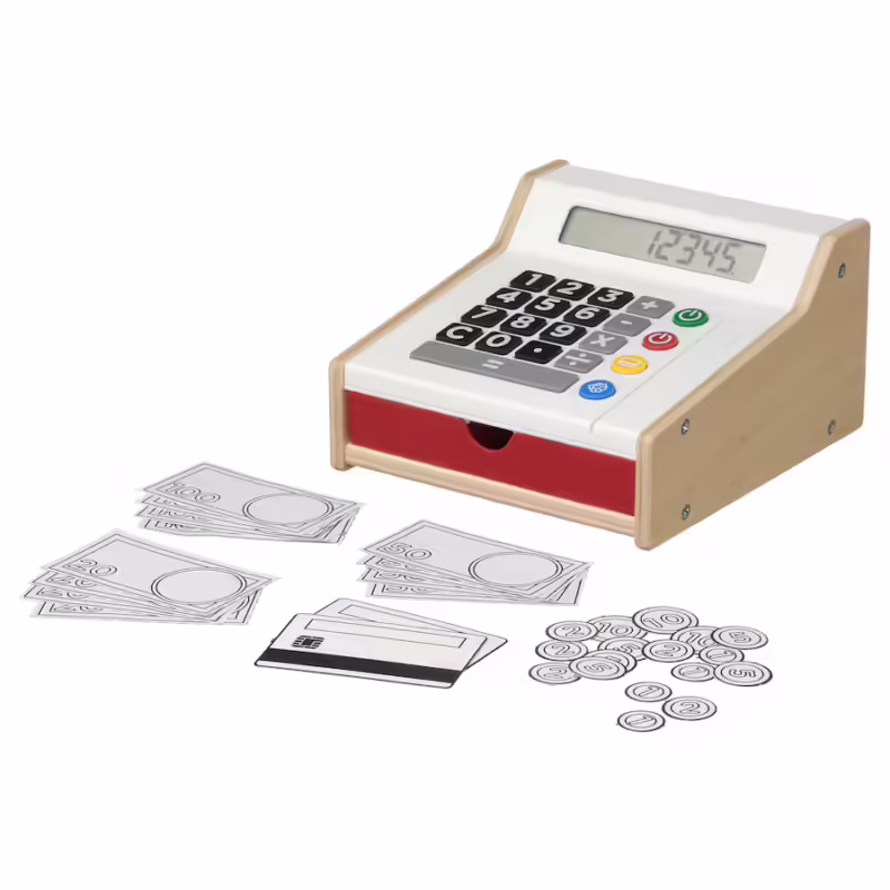 A toy cash register and toy money is shown in this example of ikea classroom.