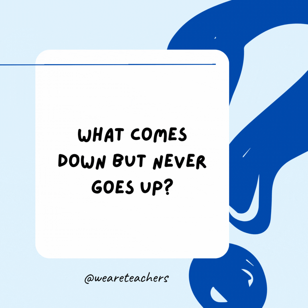 What comes down but never goes up?

Rain.- Riddles for Kids