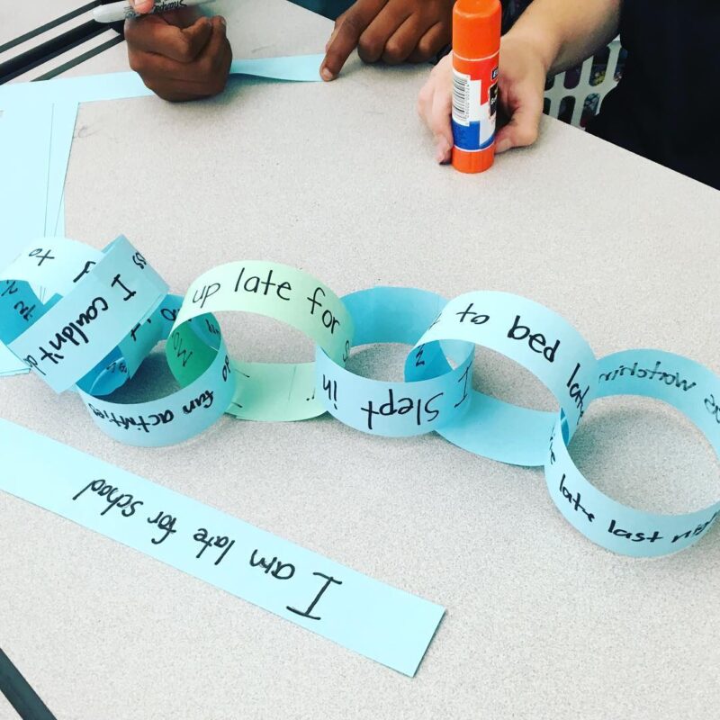 blue paper chain with events listed for a cause and effect activity