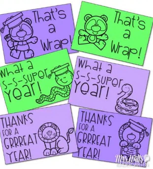 Notes on purple and green paper with clip art and sayings like "That's a Wrap"
