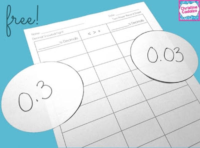 Two circles of paper with a decimal number written in each, with a printable score card