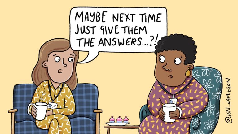 Illustration of teachers talking about so many students failing