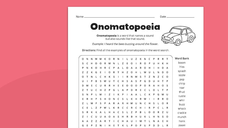 Flat lay of onomatopoeia worksheet