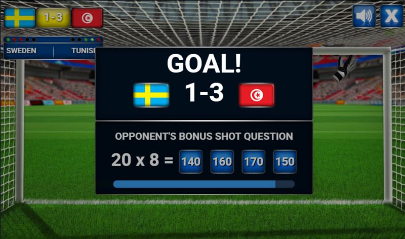 Illustration of a soccer goal, with a pop up box reading "GOAL!" and giving the player a chance to solve a multiplication equation for an extra point