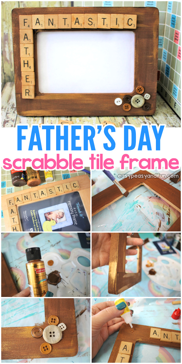 A wooden frame has scrabble letters glued to the edges that say fantastic father