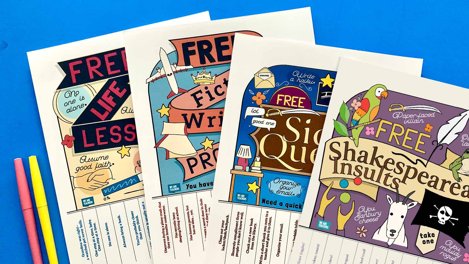 New set of printable take-one posters on blue background.