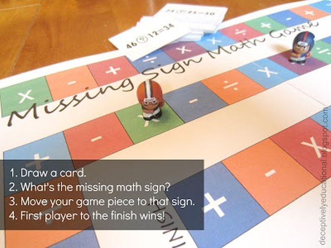 Missing sign printable board game for arithmetic signs practice