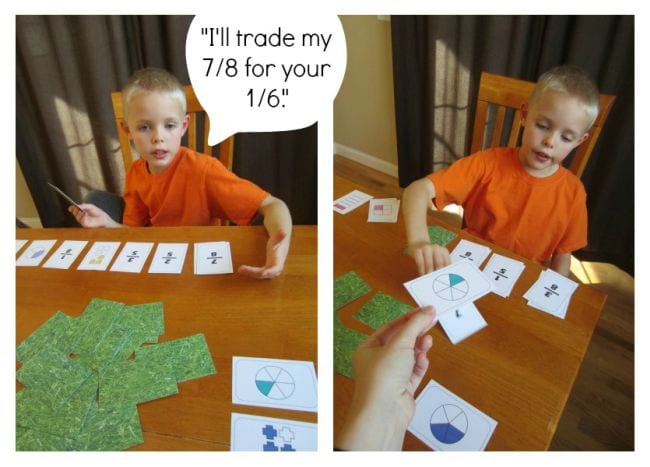 Child playing a trading card game with fraction cards