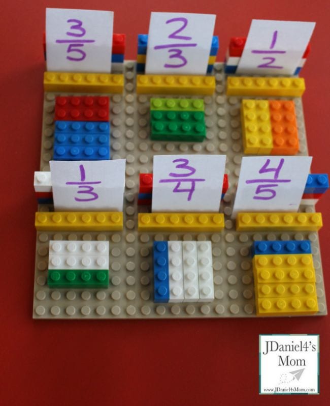 LEGO bricks laid out to represent accompanying fraction cards