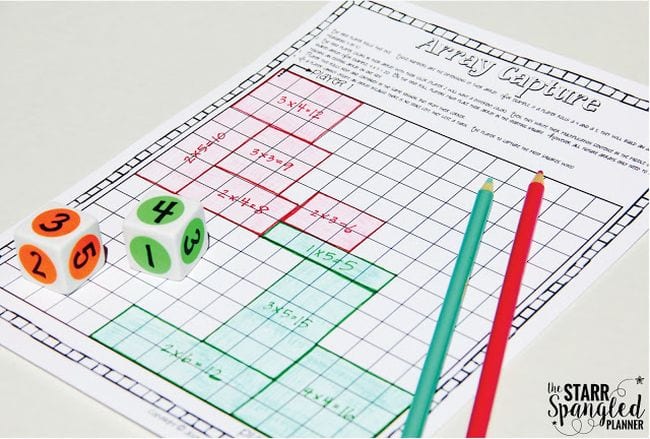 Array Capture math game using printable graph worksheets to learn perimeter and area