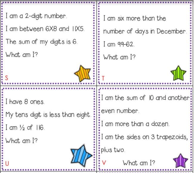 Printable cards with math riddles