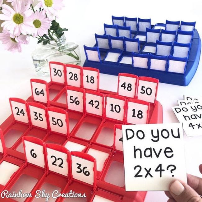 Guess Who? game turned into a multiplication facts game