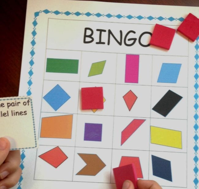 Quadrilateral Bingo game with colorful shapes