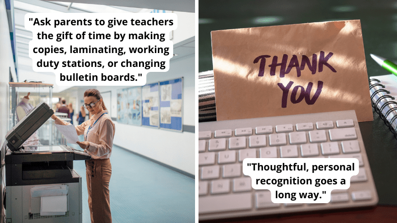 Paired image of parent making copies and a handwritten note to show how teacher appreciation can transform schools