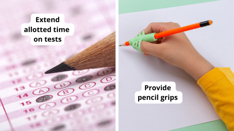 Examples of IEP accommodations including proving pencil grips and extended allotted test time.